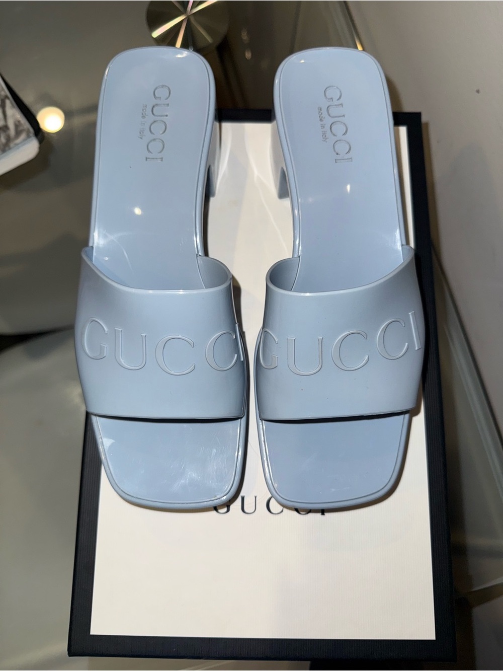 Gucci Baby Blue Patent Slide Mules